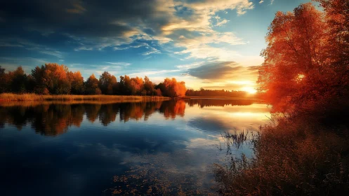 Autumnal riparian lake at sunset with mirrorlike specular reflection.