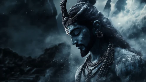 Serene blue-toned deity figure in misty mountain scene.