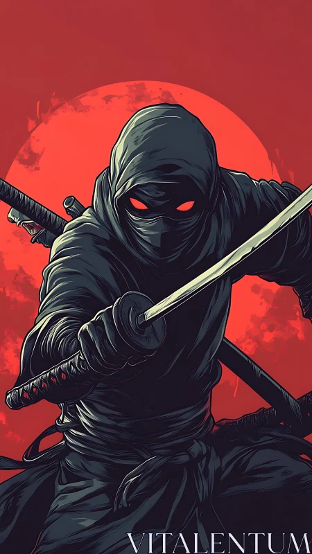 Midnight ninja lunges beneath a blood-red hunting moon.
