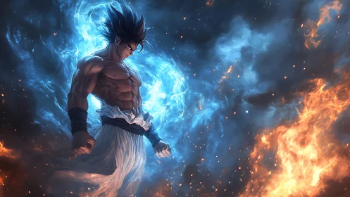 Muscular anime warrior amid volumetric blue aura and opposing fire