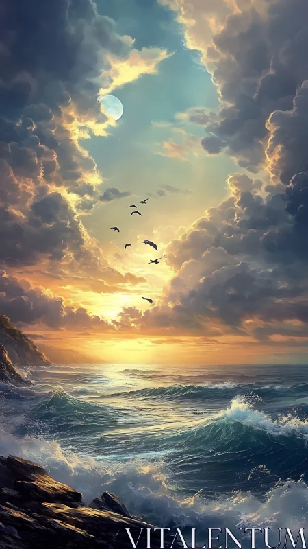 Moonlit waves and a glowing horizon of gentle wonder.