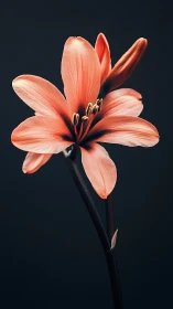 Coral Amaryllis Bloom Against Dark Background Studio Portrait.