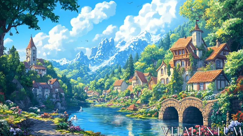 Sunlit riverside village cradled by bright alpine mountains.