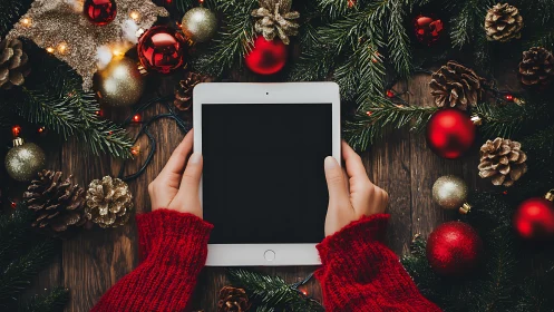 Hands hold tablet centered among Christmas decorations