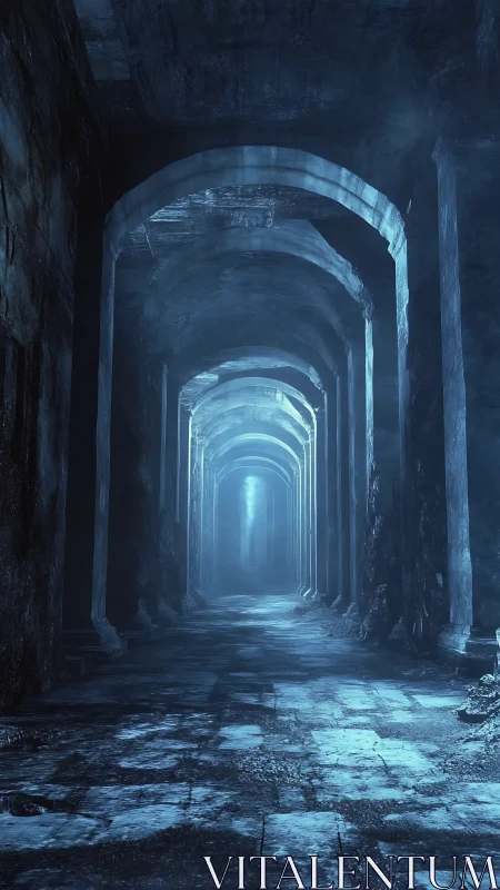 Long stone corridor recedes into blue misty atmospheric depth