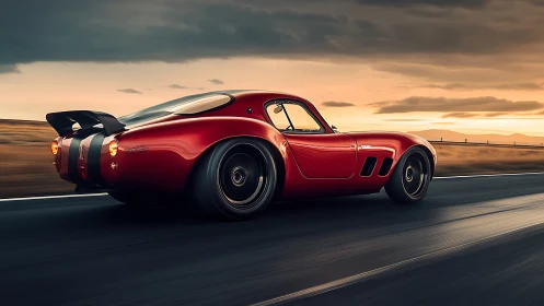 Retro red sports coupe powers down highway at sunset