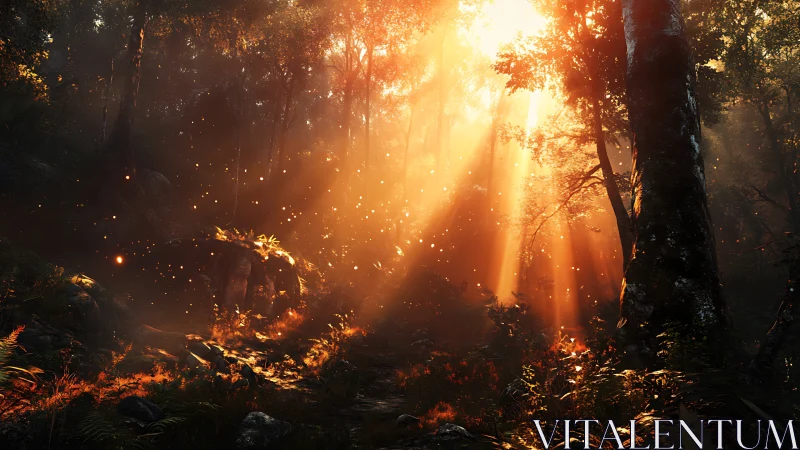 Sunlit forest glade glows with drifting embers of light.