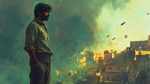 Solitary figure overlooks hazy urban skyline in diffused teal light