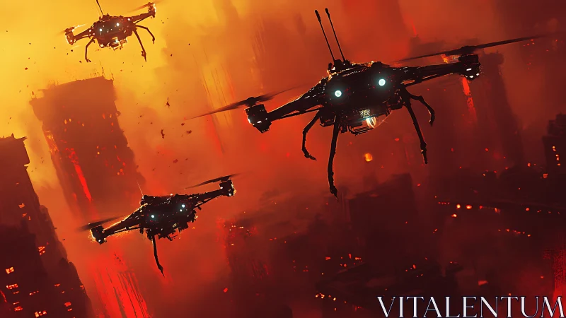 Multiple armed drones traverse a dense, burning cityscape