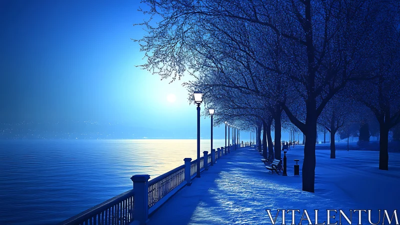 Nocturnal winter promenade along illuminated lakeside railing
