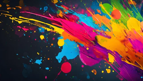 Vibrant abstract paint splashes on dark background, modern art style.
