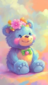 Blue plush bear smiles under pastel sky with floral crown