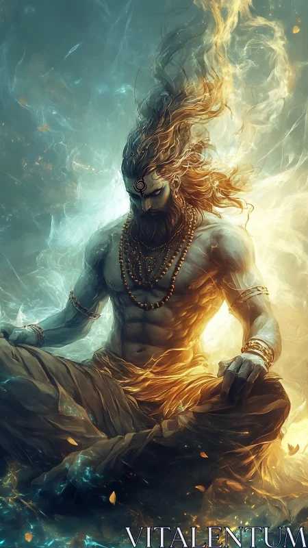 Mystical blue-skinned yogi in fiery, glowing meditation.