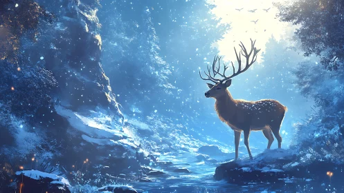 Majestic stag stands in luminous snowy forest stream light