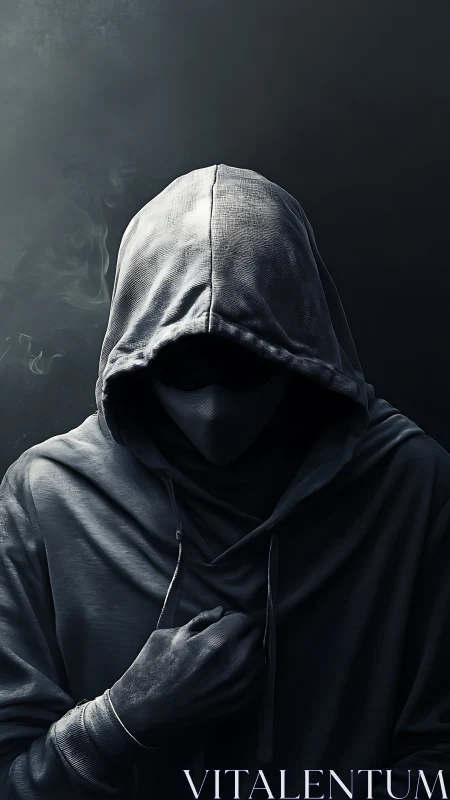 Hooded faceless figure in low key cinematic grayscale lighting.