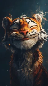 Smiling tiger drifts in smoky starlight and velvet calm