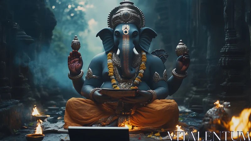 Digital render depicts seated Ganesha in dim stone temple