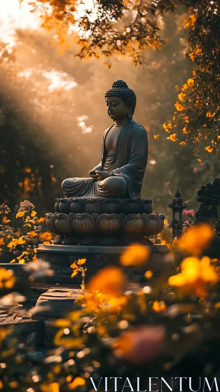 Sunlit garden Buddha wrapped in amber whispers of calm.