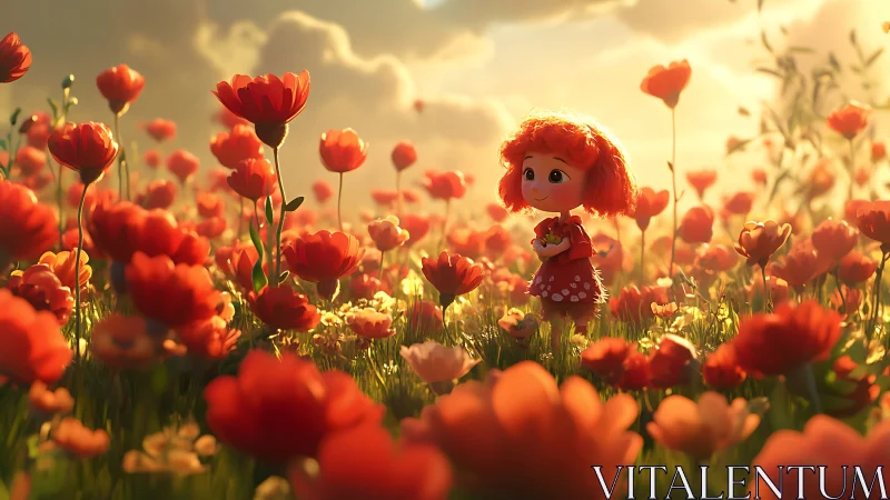 Red haired cartoon child stands in dense red flower field