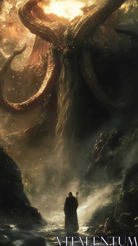 Lone mage confronts colossal horned demon in fiery chasm