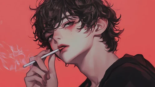 Melancholic youth smokes against bold coral backdrop.