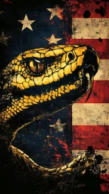 Snarling golden rattlesnake against a splintered flag storm.