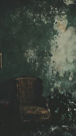 Decayed velvet armchair against oxidized textured green wall.