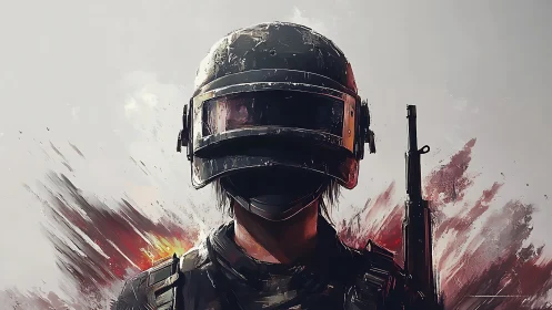 Helmeted combat figure stands frontally with weapon visible