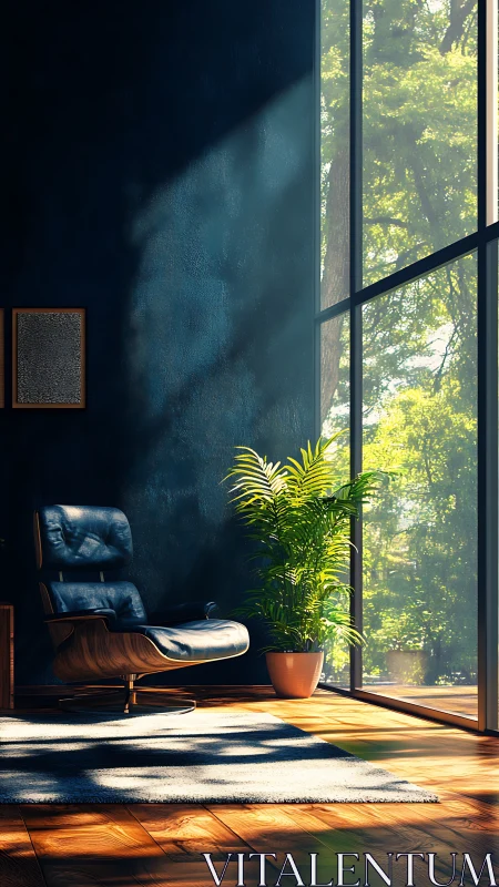Sunlit reading nook with leather lounge chair and greenery.