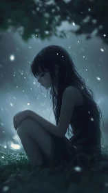 Silent girl in moonlit rain, contemplative night solitude.