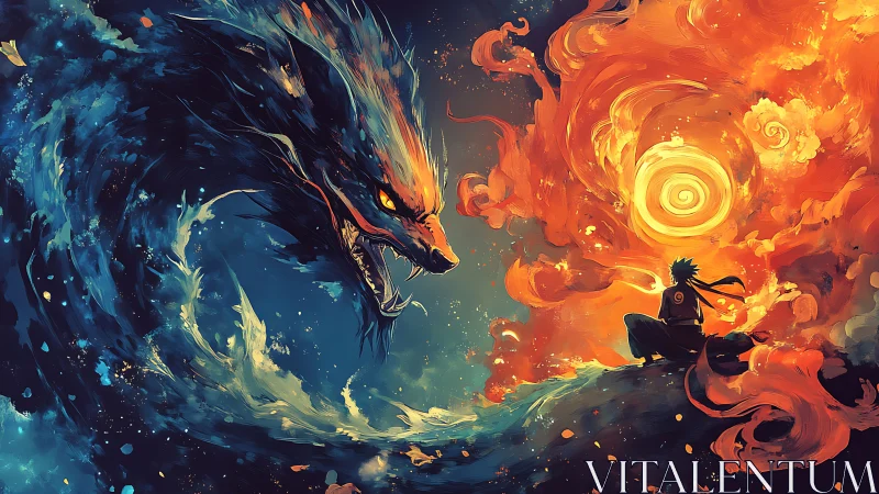 Fiery spirit and tidal dragon locked in a cosmic standoff.
