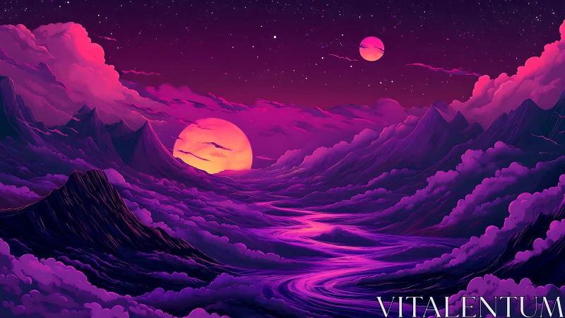 Dreamy twin moons over a glowing violet river valley.