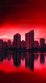 High-rise waterfront skyline under monochrome red atmospheric gradient