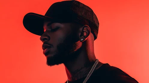 Side-lit male portrait in red monochrome with cap and jewelry