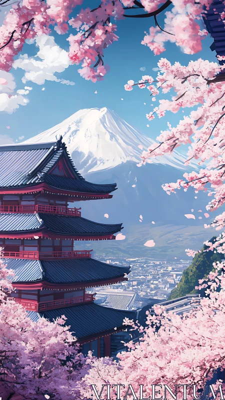 Cherry blossoms frame tiered pagoda before snow peak