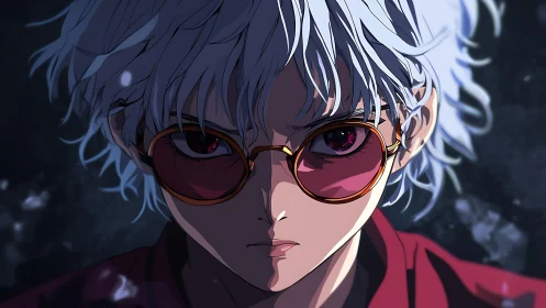 Intense anime portrait with rim-lit white hair and red lenses
