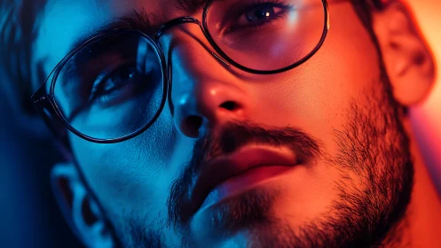 Neon-lit gaze weighs secrets in cool blue and ember orange