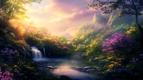 Sunlit river valley with waterfall, trees and distant peaks