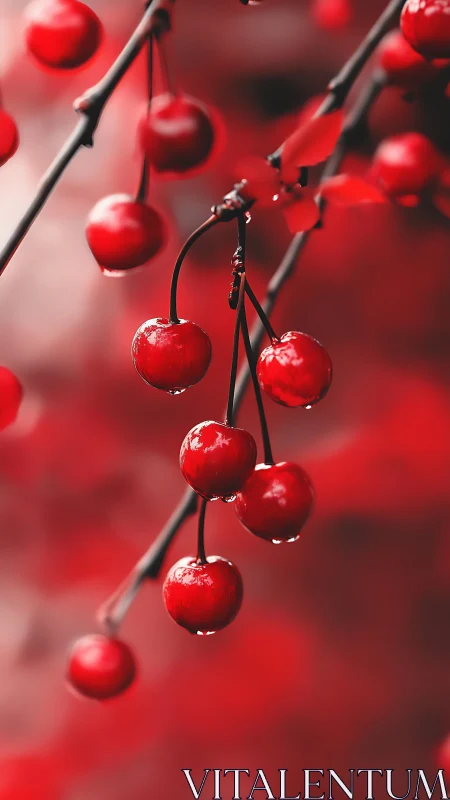 Red berries hang from thin branches after recent rainfall