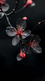 Dark Blossoms with Red Stamens Against Black Background.