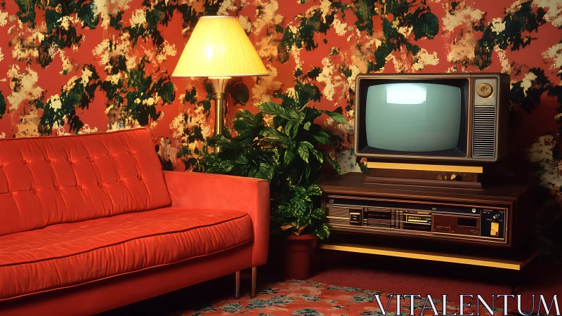 Retro living room glows with bold colors and vintage charm