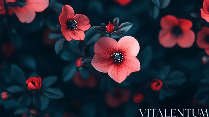 Red Coral Flowers Against Dark Teal Foliage.