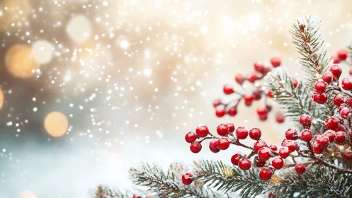 Snow-kissed red berries glow softly in a gentle winter light