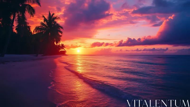 Tropical shoreline at sunset with vivid cloud colors.