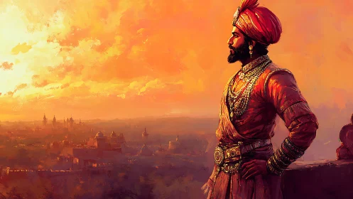 Regal figure in red turban surveys distant city at sunset