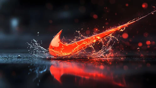 Dynamic red Nike swoosh in water splash, digital art style.