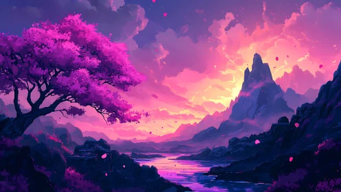 Pink tree and distant mountains over reflective river at dusk.