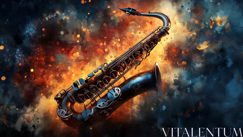 Glowing saxophone over abstract fiery blue backdrop.