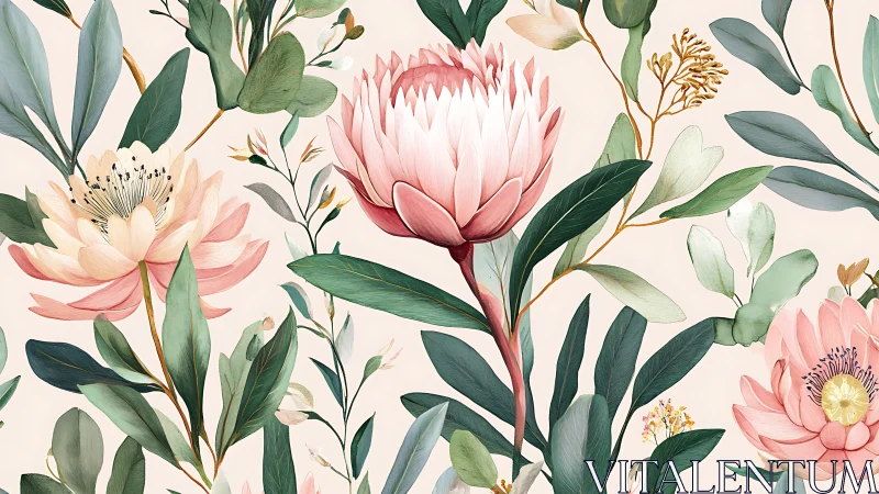 Botanical Watercolor Composition: Pink Proteas With Eucalyptus Foliage