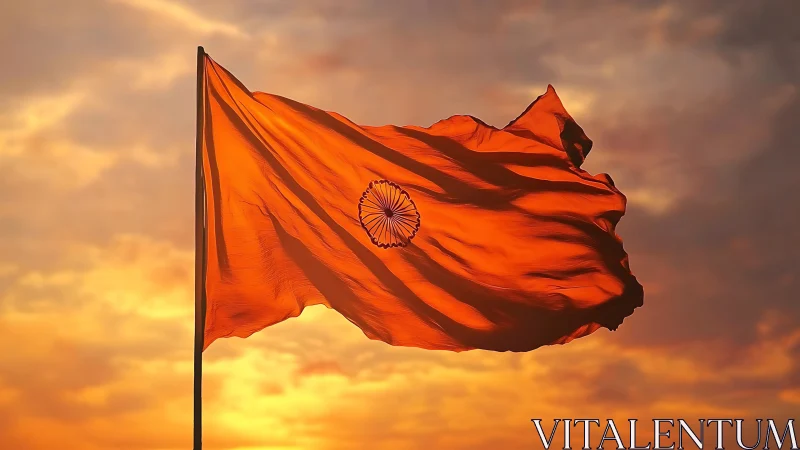 Sunlit saffron flag of India swirling against ember skies.